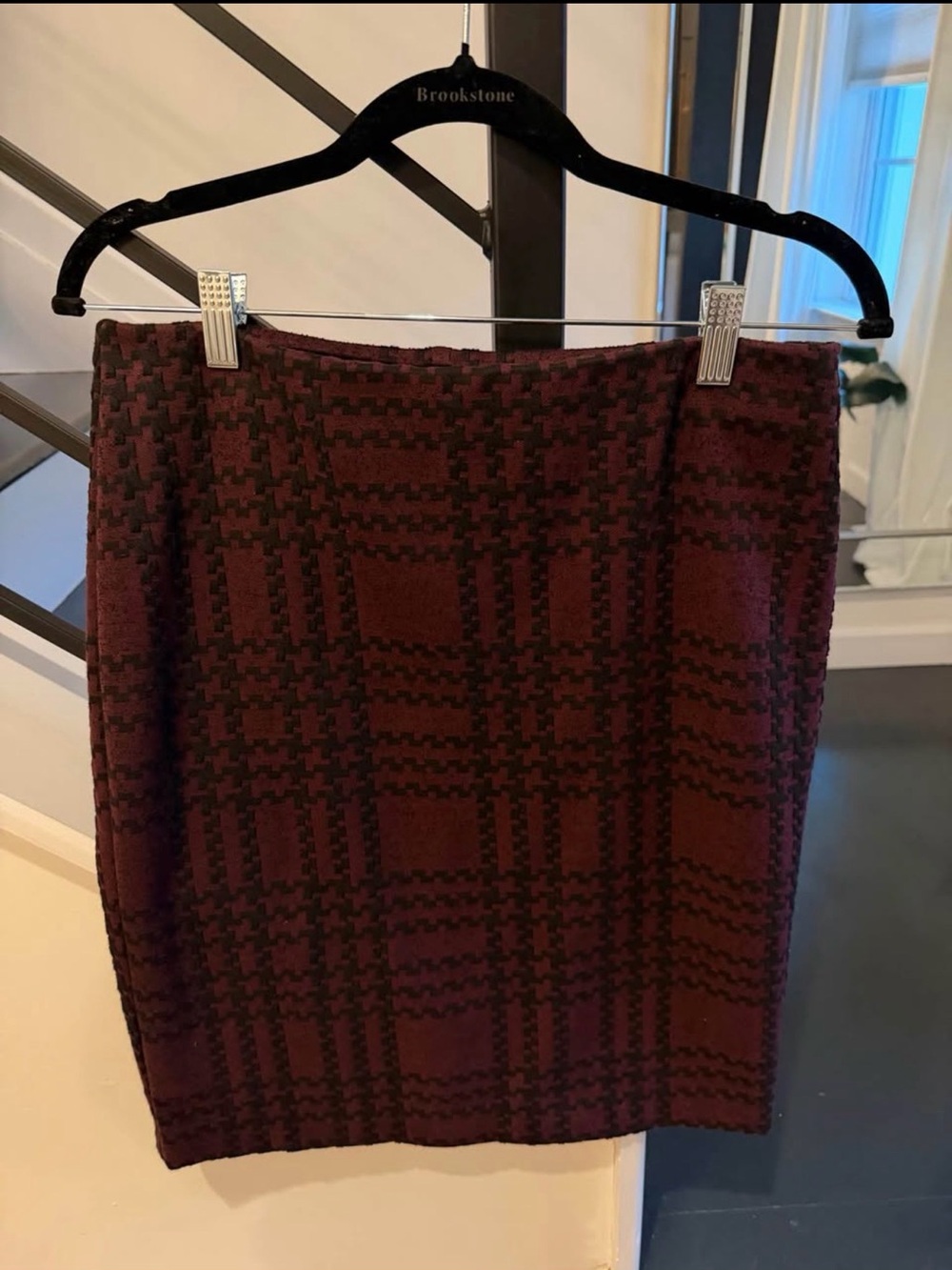 Margaret M Burgundy and Black Plaid Knit Pencil Skirt
